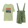 Kanske är du kvinnor lila grönbokstecken Skriv ut T-tröja Mini Solid Drawstring Lace-up Button Strap Skirt Två stycken T0125 210529