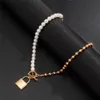 Punk Asymmetric Imitation Pearl Chain Necklace Men Steampunk Lock Lariat Clasp Lasso Pendant Fashion Women Jewelry 2022