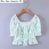 Summer Vintage Fresh Print Short Ruffle Puff Sleeve Top French Pastoral Style Lace-Up Short-Sleeve Shirt Women 210508