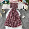 Spring Summer Female Casual Print Dress High Waist Sweet Slash Collar Short Sleeve Sexy Floral Ladies 210520
