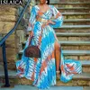 Tie Dye Kobieta Sukienka Z Długim Rękawem V Neck Wysoka Talia Maxi Jesień Oversize Big Swing Sexy Split Plus Size Bobo Brak pasa 210515