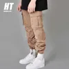 Homens multi-bolso cargo calças corredores sweatpants militar moda laço pés elástico cintura casual macho magro harem 210715