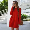 Autumn Winter O Neck Long Sleeve Women's Sweatshirt Dress Fashion Grey Solid Loose Pocket Ladies Mini Dress Vestidos 210806