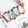 Ceramic Leaf Shape Appetizer Plates With Bamboo Tray Set of 4 Blue & White Japanese Seasoning Bowls Snacks Nuts Serving Platter Sushi Dishes