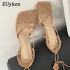 Eilyken Moda Hollow Seashable Malha Quadrado Toe Stiletto Saltos Altos Mulheres Bombas Ankle Lace-Up Senhoras elegantes vestido sapatos 210608