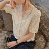 Vintage Sexy Floral Embroidery Blouses Women Summer Short Sleeve Lace Top Office Lady Korean Elegant V-Neck Shirt 210421