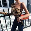 Seksowne jedno ramię Cropped Topy Hollow Out Leopard Drukuj Koronki Koszulki Dla Kobiet Slim Moda Jesień Zima Trójniki 210518