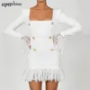 無料のセクシーな白い包帯ドレス女性のスクエアネックロングスリーブボディコンレースクラブナイトパーティーミニVestido 210524