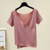 Fancy Knitted Sweater Women Elegant Summer Thin Short Sleeve Square Backless Chic Shirts Vintage Streetwear Sweaters Pull 210604
