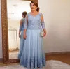 Abiti lunghi per la madre da sposa, taglie forti, a trapezio, con maniche a 3/4 e applicazioni in tulle, con perline, per matrimoni