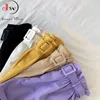 Kvinnor Casual High Waist Loose Bomull Korta Byxor Sommar Eleganta Söta Tjejer All-Match Wide Leg Shorts With Belt Korean 210719