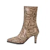 Bottes à mi-veau Femme Chaussures Snake Print High Heel Court Square Toe Toile Stiletto Talons Femme Hiver Abricot 43 210517