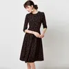 Vintage Dot Print Pleated Dress Women A Line Elegant Party Ladies Casual O Neck Three Quarter Sleeve Midi es 210508