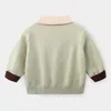 Spring Autumn Winter 2 3-10 Years Knitted Solid Color Patchwork School Student Turn-Down Collar Sweaters For Baby Kids Boys 210414