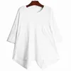[eam] 여성 캐주얼 불규칙 포켓 스플케이션 된 주름 티셔츠 라운드 넥 짧은 소매 패션 봄 여름 1DD8280 210512