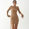 2022 Long Sleeve Ribbed Ruched Bandage Sexy Mini Dress Autumn Winter Women High Neck Knitted Pure Party Elegant Outfits