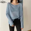 Z długim rękawem Crop Top Shirt Shirt Pullover Koreański dzianiny sweter Kobiet Luźne Cienkie Białe Downing Topy Kurtka damska 13484 210417