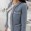 Blue Tweed Jacket Coat Autumn Autumn Feminino Feminino Manga longa Lã com franjas Trassels de bolso de bolso pérola T200831