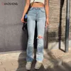 Jeans Donna Pantaloni in denim a vita alta Pantaloni svasati alla moda Fit Slim Stretch Gamba larga Mamma strappata Streetwear 211129