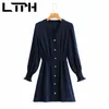 French vintage Solid High waist women dress Sexy V-Neck long sleeve Single Breasted elegant dresses Spring Autumn 210427