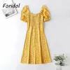 Foridol Floral Print Yellow Boho Sukienka Kobiety Rękawem Puff Rękaw Krótki Mini Summer Dress Beach Casual Lace Up Sundress Cotton Dress 210415