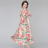 LLZACOOSH Fashion Summer Runway Elegant Floral Print Women Flare Sleeve V Neck Elastic waistline A Line Slim Long Dresses 210514