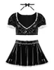 BRAS SETS WOMENS vuxen Maid Cosplay Costume Patent Leather Wetlook V-Neck Puff Sleeve Top Ruffled High Rise A-Line Short kjol Set2842