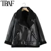 TRAF Moda Moda Grosso Grosso Winno Winter Faux Leather Casaco Oversized Casaco Vintage Manga Longa Feminina Outerwear Chique Tops 210415