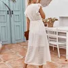Elegant Black White Summer Women Dress V-Neck Butterfly Sleeve Lace Office Lady Long Dresses With BeltW207 210526