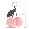 Cute Cherry Artificial Rabbit Fur Ball Keychain Keyring Pompom Leaf Handbag Pendant Car Key Chain Ring Holder Accessories