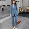 Casual Korean Women Pant Suits Sets Notched Collar Blazer Jacket + Pants Blue Female Suit Spring Autumn High Quality 210513