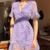 Paris Girl Lilac Floral Wrap Mini Sundress Sexy Chiffon V-Neck Flare Sleeve Dresses Bohemian Summer Women 210524