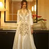 Marfim branco marroquino caftan vestido de noite apliques dourados feminino usar robe de soiree três quartos mangas a linha 322