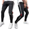 Kot erkekler için beyaz kırmızı çizgili patchwork moda yırtık kot pantolon siyah sıska pantolon mens jeans x0621