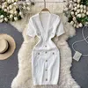 One Piece Woman V-Neck Knitted Dress Vintage Summer Gold Button Details Knit Dress Women Elegant Sexy Hollow Out Sweater Dresses G1214