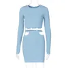 CNYISHE Casual Workout Two Piece Sets Kvinnor Tracksuit Set Suit Long Sleeve O-Neck Crop Tops och Hollow Out Kjolar Passar Outfits 210419