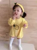 春の秋の赤ちゃんの女の子かわいいレモン長袖ボディスーツヘアバンド幼児子供純粋な綿のカジュアルな衣装ジャンプスーツ210508