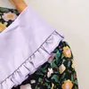 Çiçek Baskı Vintage Mini Elbise Kadın Puf Kısa Kollu Rahat Sashes Elbise Down Yaka Yaz Elbiseler Vestido 210414