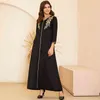 New Summer Dress Women's Fashion Arabian Style V-neck Gold Embroidery Pair Flowers Loose Black Long Sleeve Party Maxi Dresses G1214