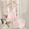 Sexy Lace Homewear Sleep Set Satin White Women 2PCS Pajamas Suit Summer Novelty Nightwear Intimate Lingerie Pyjamas Q0706