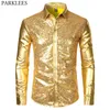 Heren Disco Shiny Gold Sequin Metallic Design Dress Shirt Lange Mouw Button Down Kerst Halloween Bday Party Stage Kostuum 210522