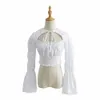 Lace Up White Algodão Blusa Tops Mulheres Sexy Frente Corte De Verão Primavera Elástico Manga Longa Backless Top Blusa 210427