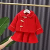 Baby girls dress kinesiska röda tang kostymer vinter traditionell nyår kläder toddler förtjockad ull varm väst klänning + kappa set 210414