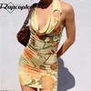 Rapcopter Y2K Floral Mini Dress Metal Ruched Backless Sunder Sundress Retro Party Boho Bodycon Dress Women Beach Holiday Y1006