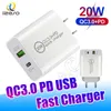 PD QC3.0 Fast Charger 20W 18W USB CクイックチャージアダプターEU USプラグウォール充電器のiPhone 13 Pro Max Samsung Huawei Phone Izeso