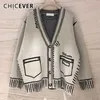 CHICEVER Casual Loose Sweaters For Women Print V Neck Long Sleeve Plus Size Elegant Cardigans Female Fashion Clothing Style 211215