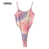 Été Tie Dye Bodys Femme Camisoles Taille Haute Sans Manches Salopette Bonbons Couleur Sexy Slim 210421