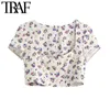 Women Sweet Fashion Floral Print Cropped Linen Blouses Vintage Square Collar Short Sleeve Female Shirts Chic Tops 210507