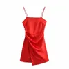 Dress Woman Red Satin Mini Summer Women Backless Slip Sexy Party es Ladies Ruched Strap Short es 210519