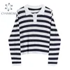 Striped Polo Collar T Shirt Toppar Kvinnor Långärmad Koreansk Ins Vintage Streetwear Ol Tees Kvinnlig Vår Lös Casual 210515